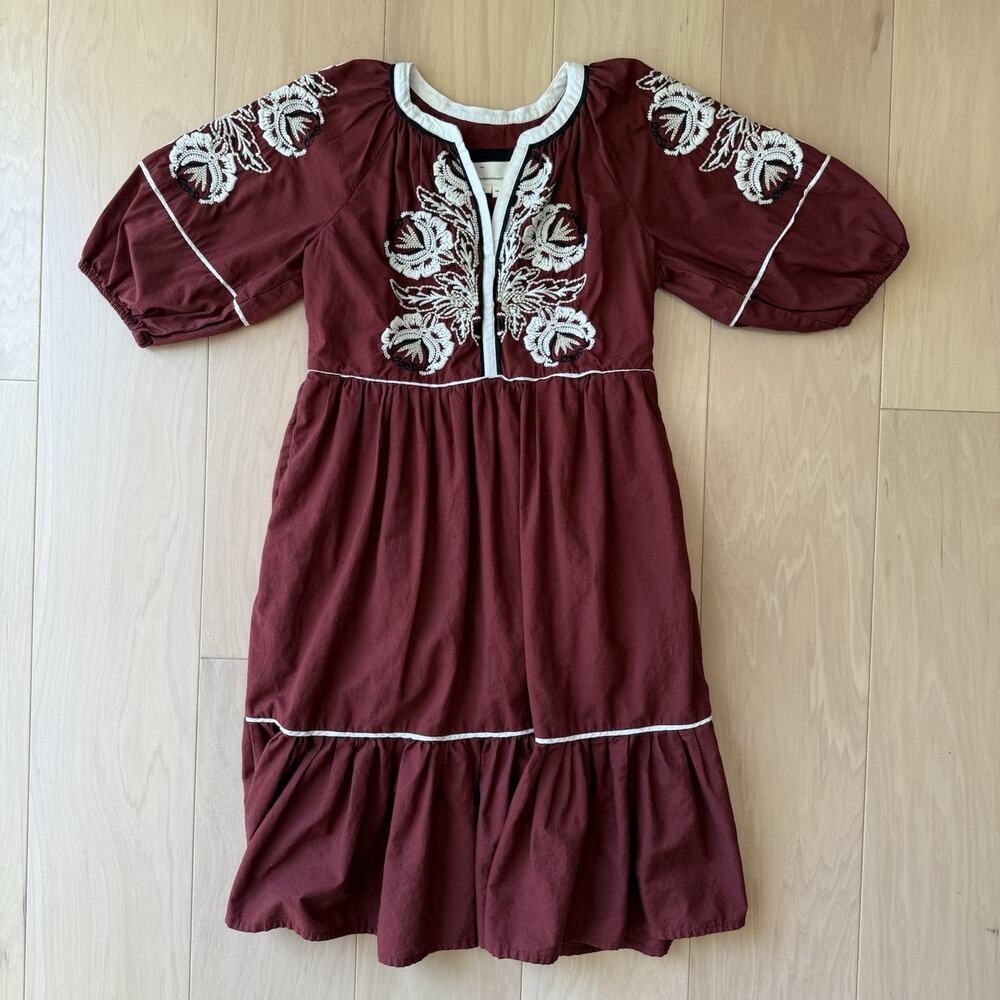 Anthropologie Gretel Embroidered Folk Peasant Maxi Dress XS Maroon Glam Boho - Picture 2 of 7
